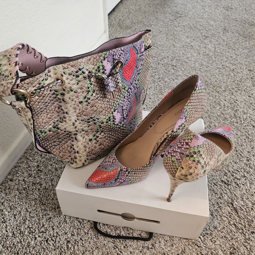 Aldo Multicolor Snake-Print Pointed-Toe Pumps with Matching Tote
